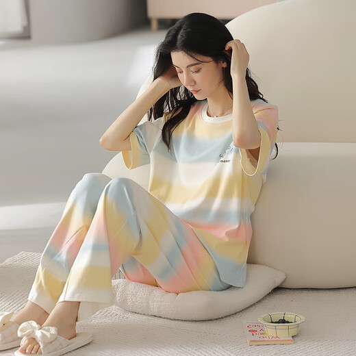 夏季女士短袖睡衣套装纯棉长裤家居服全棉可外穿夏天条纹卡通 Y9721 M (建议75-95斤)
