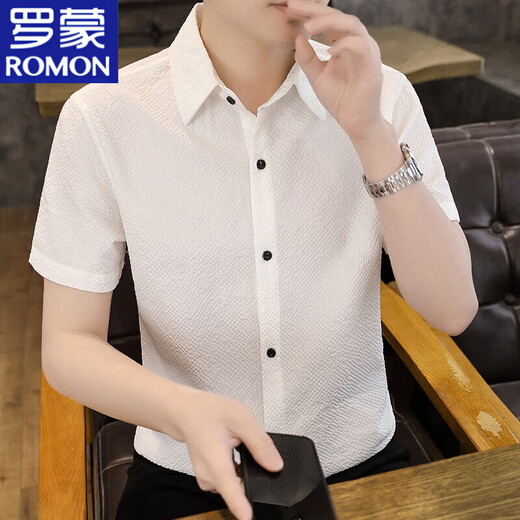 罗蒙（ROMON）泡泡纱短袖衬衫男夏季薄款冰丝凉爽半袖衬衣男弹力免烫抗皱上衣服 浅灰  L 参考110-125斤左右