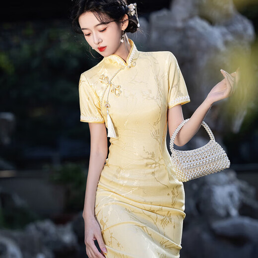 Jialong Mingxiu goose yellow temperament cheongsam women's new jacquard dress 2025 summer goose yellow M