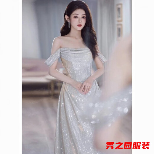 范哲莎银色晚礼服新娘结婚订婚爆闪敬酒服晨袍生日宴会主持人婚纱 灰色爆闪 S