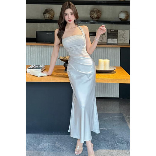 YIOU 2025 Sommer Mesh Spleißen Kleid frauen Neue Neckholder Design Taille Abnehmen Hüfte Rock 9892 Kaltgrau S