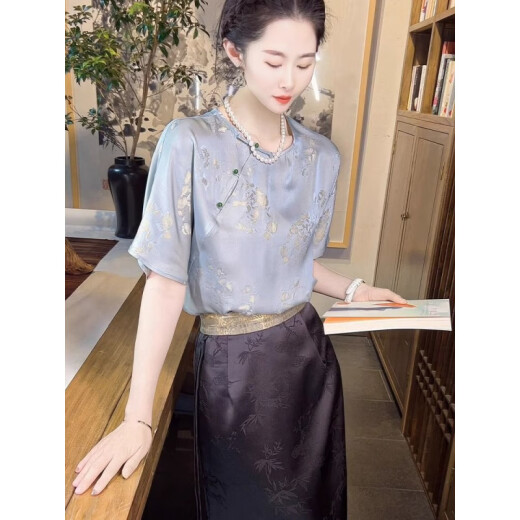 隐形都市新中式国风女装仿真丝2025休闲短袖T恤上衣女夏季仿桑蚕丝衬衫 图片色 9854 M