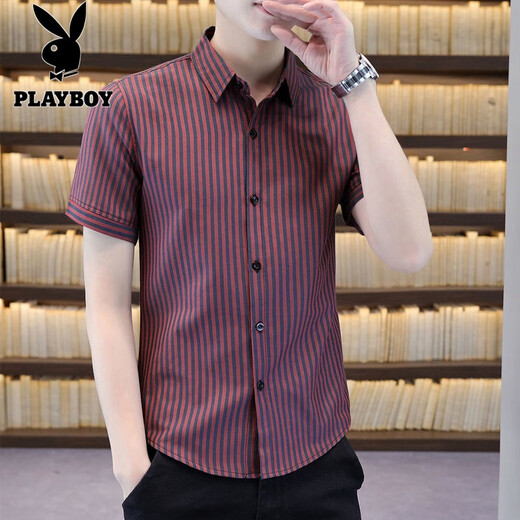 花花公子（PLAYBOY）条纹衬衫男短袖2025夏季新款潮流百搭男装上衣薄款透气半袖衬衣男 HS-826灰色 M 90-102斤