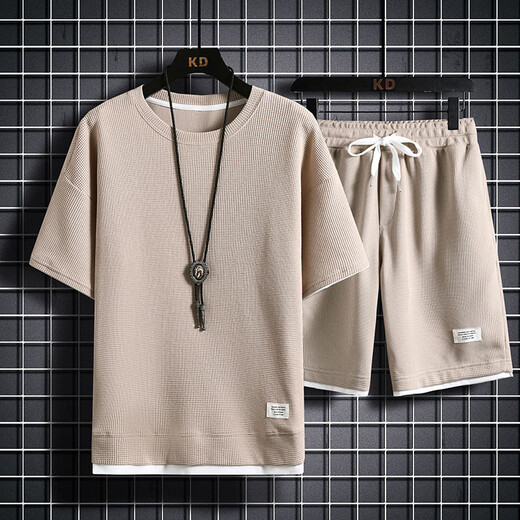 
Zhaoxun Guangzhou 13-line T-shirt waffle short-sleeved T-shirt men's summer loose large size sports khaki shorts suit thin 829 black [set] M 100-120Jin [Jin equals 0.5 kg]