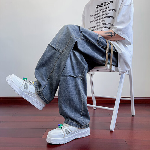 Foss Phil American pleated jeans men's autumn and winter high street loose straight plus velvet casual straight work pants JYF-2583 blue XL recommended 130-145Jin Jin equals 0.5 kg