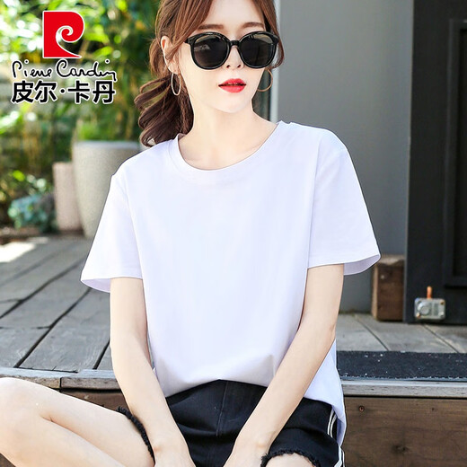 皮尔卡丹（pierre cardin）轻奢高端纯棉短袖t恤女夏装宽松休闲百搭纯色半袖体恤小衫上衣潮 6172浅紫 短袖 M (建议80-105斤)