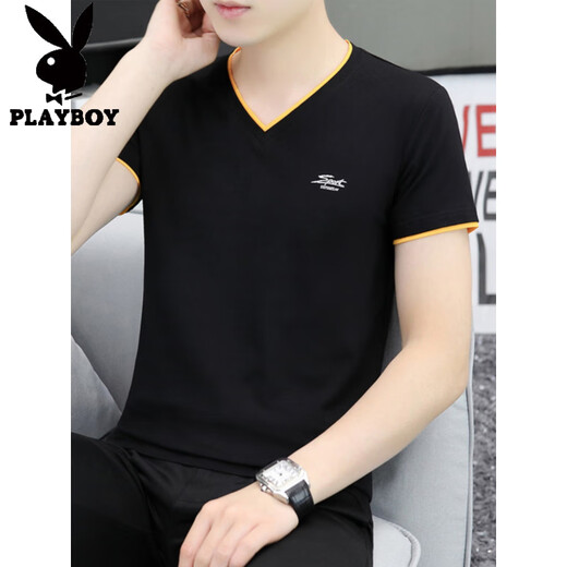 花花公子（PLAYBOY）莫代尔棉男士短袖t恤2025夏季V领刺绣冰丝冰感半袖体恤上衣服男潮 Q691白色 M 建议：95-115斤