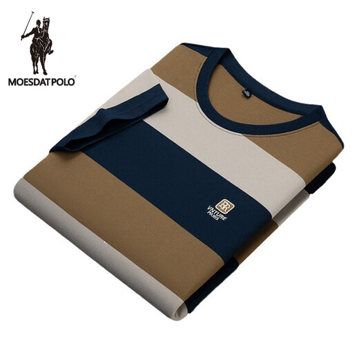 Larren Paul Knight Men's Round Neck T-shirt Short Sleeve Stripe Color Block Summer High-end Top Business Casual Loose Large Size Trendy Brand a 6197-Denim Blue M 48