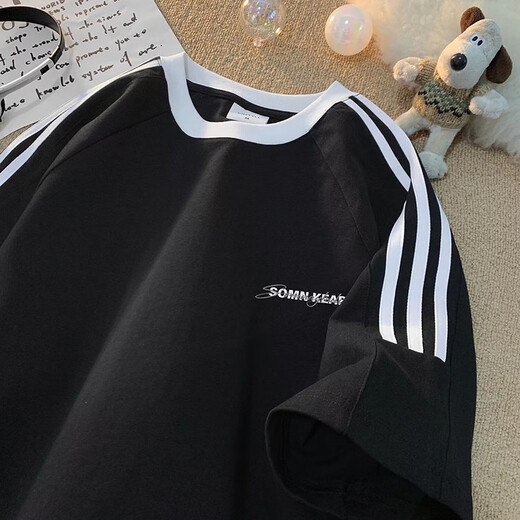 7 high-quality three-bar splicing short-sleeved boys summer trendy brand heavy small neckline half-sleeved tops wear large size clothes T-shirt LJWP-T92 black XL [125-145Jin [Jin equals 0.5 kg]]