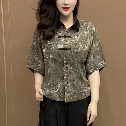瓷袖广东普宁衬衫女2025新款中老年洋气中国风印花polo领中年妈妈夏季 绿色-6636 L 建议95-105斤