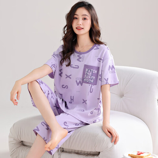 
Meijun large size pajamas for women in summer modal short-sleeved loose women's cropped pants home clothing set summer thin XPW7029 M