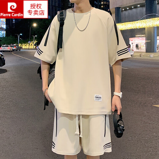 Pier Cardin Hong Kong style short-sleeved T-shirt for men 2025 summer new casual sports suit loose half-sleeved men's T-top men's clothing FKS653 white suit M about 90-110Jin [Jin equals 0.5 kg] can be worn
