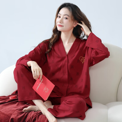 大红睡衣女款结婚新婚春秋款纯棉套装秋冬季喜庆本命年V领家居服 W9754套装 M 70-90斤