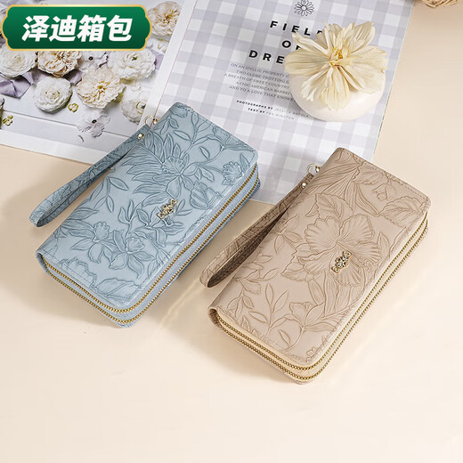 Yunluo Fashion Long Large Capacity Clutch Women's Retro Flower Double Zipper for Mom Portable Wallet Coin Purse Khaki Material