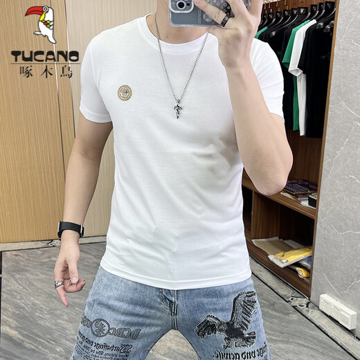 啄木鸟（TUCANO）t恤男士2025夏季新款短袖T恤男修身个性刺绣烫钻欧货丝光棉体恤男 724闪电R白色 M
