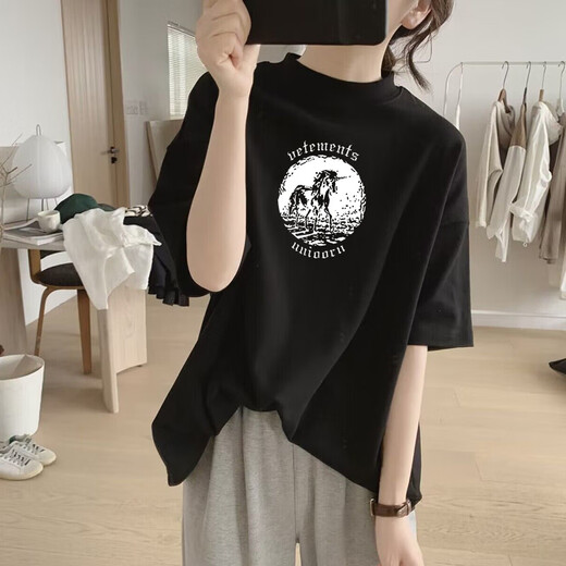 HKPK hohe Neck-Kurzärärmel-Frauen-High-End-Feeling Lose Small Summer Cotton T-Shirt für Frauendesign-Nische und vielseitige altersreduzierende T-Shirt White [1278-Blue] S für 90-110jin [Jin gleich 0,5 kg] universelle Größe