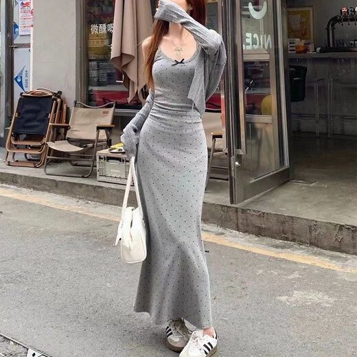 锦人初温柔风灰色波点吊带连衣裙女夏季新款气质收腰显瘦内搭a字长裙子 长款6624# 均码 s