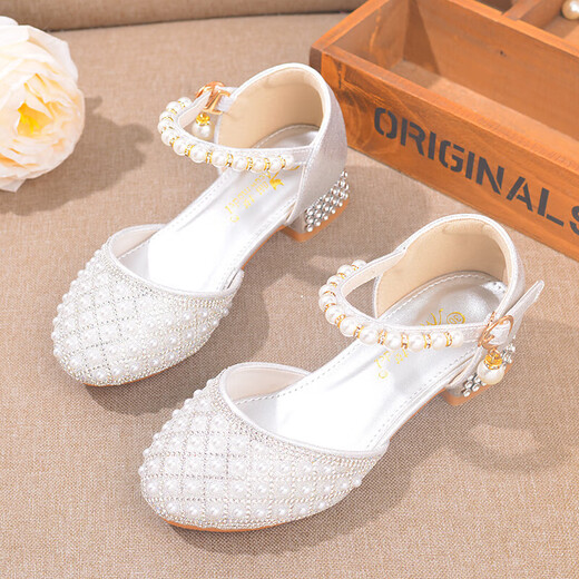 Ruiyang fashionable children's princess shoes crystal shoes girls high heels soft sole primary school students dress dance leather shoes silver with diamond A9928 silver 34 inner length 21 cm