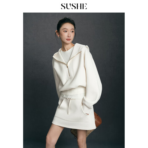SUSHE Nian Yunshang Sports Tennis Wear Hooded Sweatshirt Elastic Waist Big Pocket A-Line Skirt Suit Jianshui White-Top M