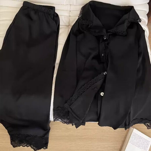 HUALIN FASHION冰雪丝睡衣女款长袖黑色蕾丝家居服套装感春夏两季 1365 纯色开衫 170 M