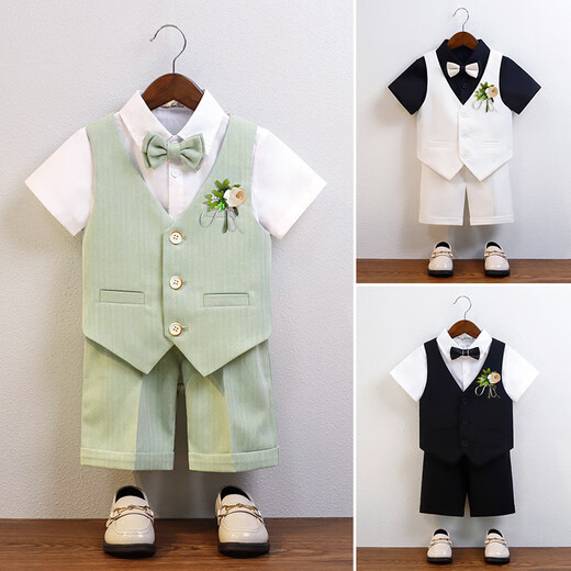 Children's Suit Dress Summer British Short-sleeved Vest Set Boys Host Speech Piano Show Show Clothes White 5-piece Set (Black Shirt + Vest + Shorts + 90 cm, Recommended Weight 20-26 Jin [Jin equals 0.5 kg]