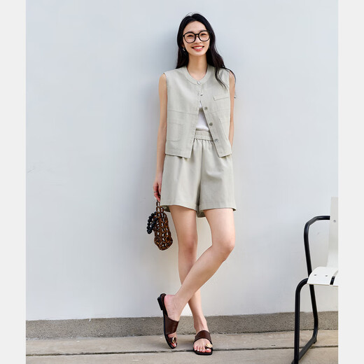 梵希蔓气质休闲马甲套装女2025年夏季新款圆领无袖上衣短裤两件套 M9906 米灰色 L
