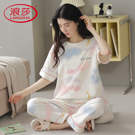 Langsha Light Luxury High-End-Sommerpyjamas Frauen reines Baumwolldünne kurzärmelige Hosen Student Cute Anzug Frühling und Herbst Lose Home Y9713 m (Empfohlen 75-95jin [Jin entspricht 0,5 kg])