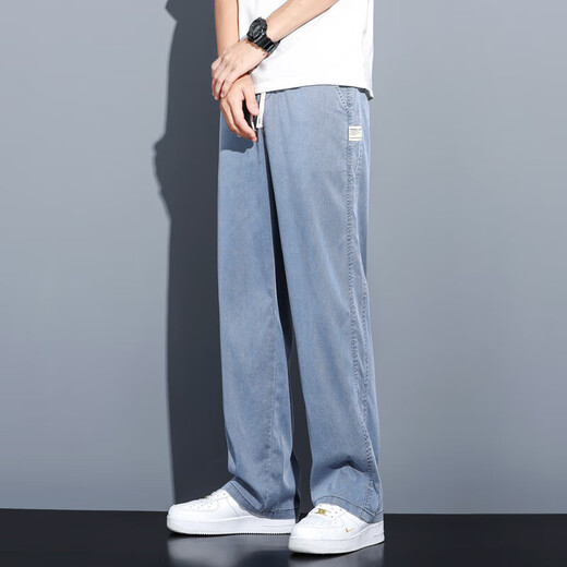 Jiaojing Lyocell Tencel jeans men's summer thin style drape loose straight casual wide leg pants trendy brand ice silk trousers 1048 blue summer thin style one size fits all XL130-150Jin Jin is equal to 0.5 kg