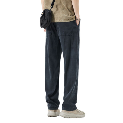 Queli tiansi denim pantalones casuales para los hombres delgados de verano de los hombres pantalones rectos sueltos para hombres pantalones de seda de hielo nuevos pantalones para hombres tmyc-1048-negros l