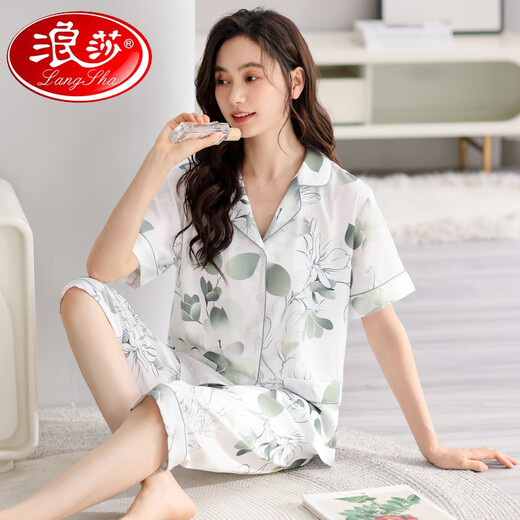 Langsha 2025 sinnlicher Pyjama-Sommer-Sommer-Kurzarm-Kurzhose Seidenmutter Revers Home Clothing Set Outdoor MD983 M [Vorgeschlagen 80-100jin [Jin ist 0,5 kg]]