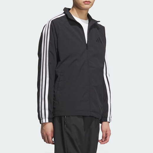 阿迪达斯 （adidas）外套男装 秋季新款插肩袖运动服休闲宽松梭织立领夹克外套 KC3892/黑色-三条纹/立领 L