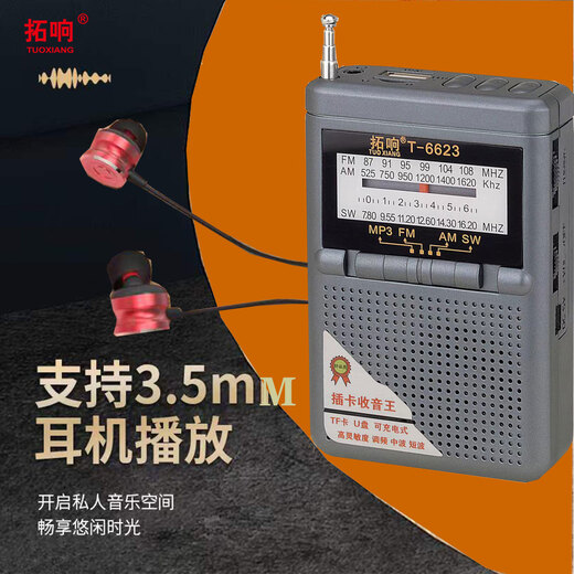 拓响T-6623便携式收音机老式全波段袖珍老人外放迷你半导体播放器 银灰色 升级版（18650电池1节+充电线