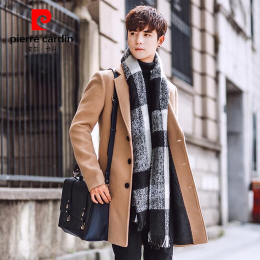 Pierre Cardin windbreaker men's mid-length Korean style trendy and handsome woolen coat men's spring and autumn thickened long British style coat design Khaki L 105-120Jin Jin equals 0.5 kg