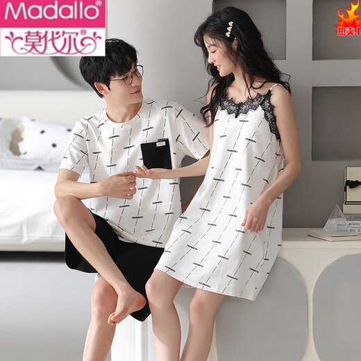 Modal 2 sets prix couple pyjamas pur coton d'été femmes suspense sexy dentelle de nuit hommes manches courtes shorts à domicile ydx-9902 # m femmes + hommes l