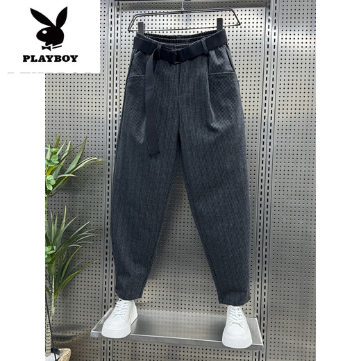 花花公子（PLAYBOY）2025新款网红条纹休闲裤男夏季西裤潮流百搭哈伦裤宽松锥形萝卜裤 黑色 28