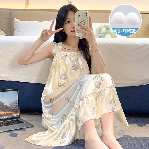 浪莎（LangSha）睡裙女夏季自带胸垫冰丝凉感吊带睡衣夏天女士甜美可爱家居服春秋 3887[不可拆胸垫] M [75-100斤]
