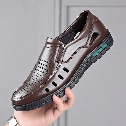 
YRC Yierkang Summer 2025 new men's hollow sandals toe layer cowhide middle-aged and elderly dad's shoes breathable casual shoes sandals 9887-2 black 41