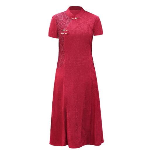 Fuxi May Day wedding wedding mother-in-law wedding dress mother over knee long skirt noble wedding dress middle-aged and elderly women improved cheongsam 1585-9332 Summer short-sleeved wine red XL Recommended 90-110Jin [Jin equals 0.5 kg]