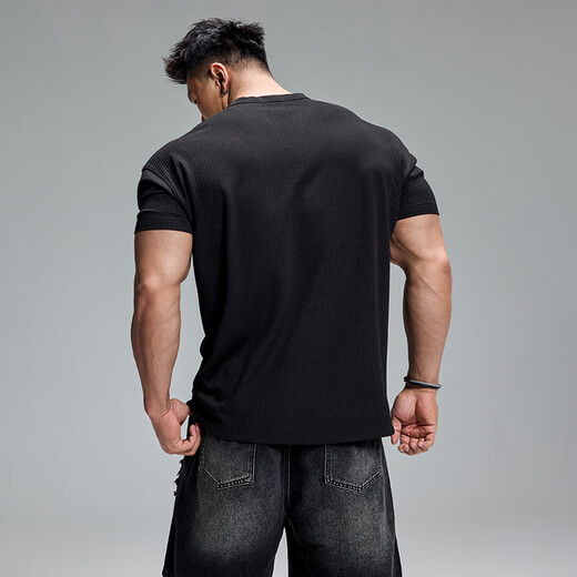 MUSCLEDOG肌肉狗 健身短袖男夏季新品撞钉宽松休闲亨利衫训练服运动T恤 黑色 XL