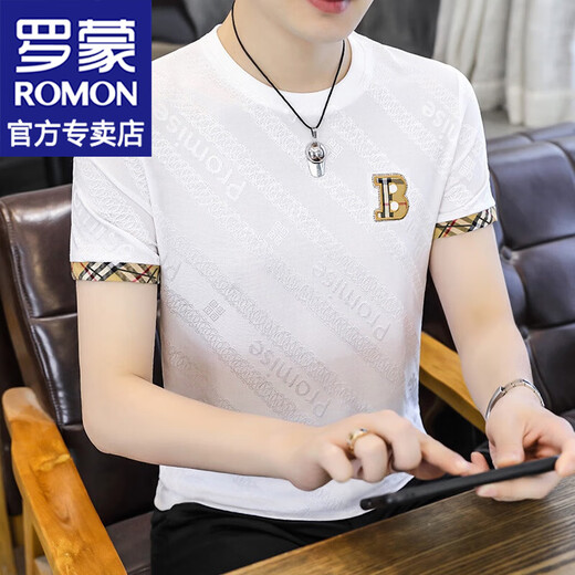 罗蒙（ROMON）冰丝短袖t恤男士夏季休闲修身短袖男T半袖打底衫上衣服欧货男装 698白色 XL （约120-135斤可穿)