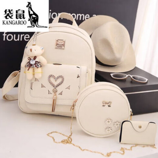 Kangaroo (KANGAROO) tassel backpack for women 2024 new Korean version of girl soft girl backpack backpack for women Chinese Valentine's Day gifts, off-white, off-white three-piece set + bear pendant