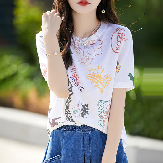 NICOLEJOLIE mulberry silk short-sleeved T-shirt for women 2025 summer new casual and fashionable design sense silk horse home printed top trendy portrait print 835 M