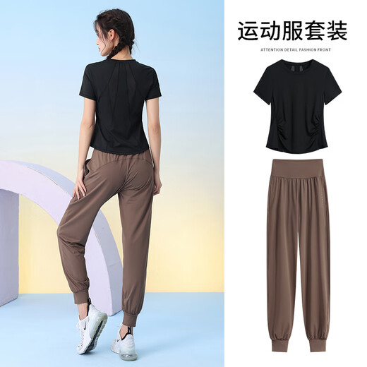 Duofanlian morning running sports suit yoga clothes 2025 new spring and autumn quick-drying Pilates training gray and blue two-piece set (blue) 2XL