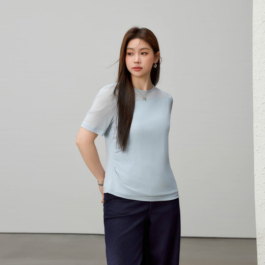 纤莉秀【设计感压褶圆领百搭莱赛尔T恤】大码女装胖mm2025夏新款1396 浅蓝色 4XL
