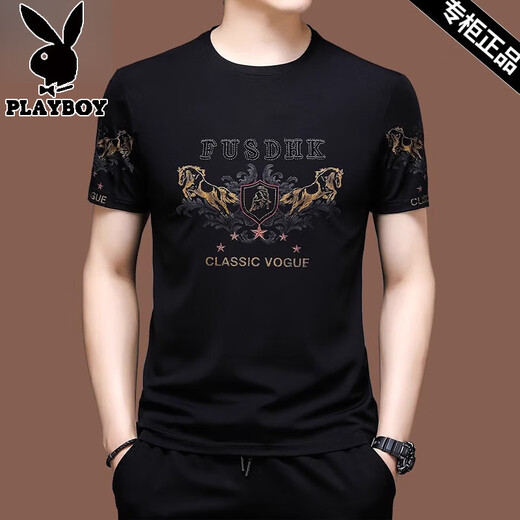 Camiseta de algodón de algodón de algodón de alta gama Playboy para sudadera de verano de media manga masculina bordada bordada de mediana edad de mediana edad de mediana edad top de moda x733 negros xl 175 sugerencias 140-155Jin [Jin equivale a 0.5 kg]