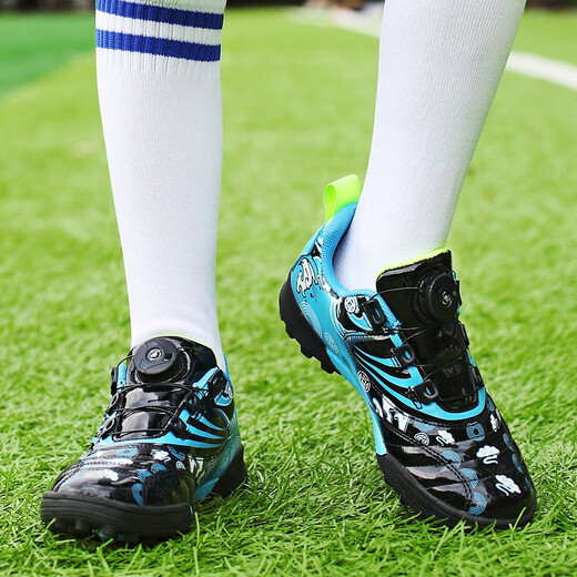 鸿星童尓克断码儿童足球鞋男童TF碎钉球鞋男旋转纽扣童鞋中小学生训练运鞋 9896 黑色 34