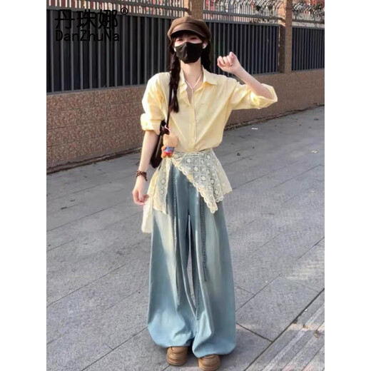 丹珠娜（DanZhuNa）休闲裤女装秋季新款女装套装法式穿搭温柔衬衫牛仔裤子两件套衣服 黄色衬衫+蕾丝+牛仔裤 M