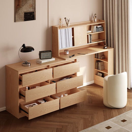 He Jiajiang all solid wood oak bedroom dressing table, cupboard and desk integrated corner dressing table, log style multi-functional dressing table, 1.2m cupboard + 1.2m dressing table + makeup stool, all solid wood