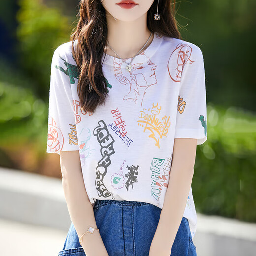 NICOLEJOLIE mulberry silk short-sleeved T-shirt for women 2025 summer new casual and fashionable design sense silk horse home printed top trendy portrait print 835 M