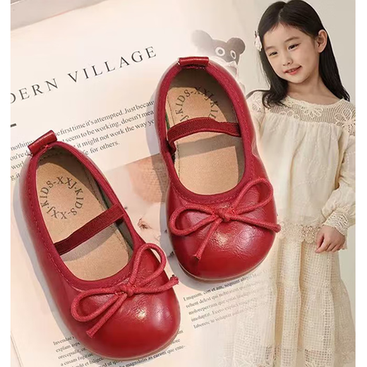 Ershanji 2025 Spring and Summer New Girls' Leather Shoes with Bow Knot Children's Shoes Little Girls Princess Shoes Soft Sole Peas Shoes Shallow Mouth Single Shoes Bow Knot Leather Shoes Wine Red Size 32 Inner Length 19.2cm